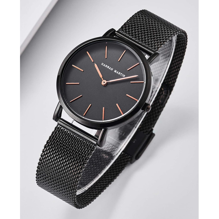 Жіночий годинник на аналоговому кварцовому механізмі з нержавіючої сталі, водонепроникний, з сітчатим ремінком, ультратонкий комплект з браслетом (чорний корпус, чорний ремінь, чорний браслет)