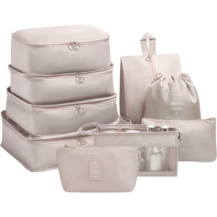 Органайзер для валізи OSDUE, набір 9 шт: кубики для пакування, водонепроникні сумки для одягу, косметичка, кишеня для USB-кабелів (бежевий)