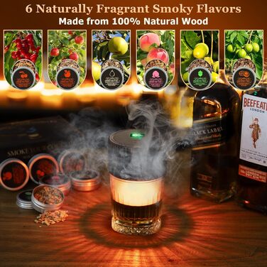 Набір для копчення віскі: 6 смаків дерев'яної стружки, 2 склянки, 2 кубики льоду, аксесуари для коктейлів, копчення напоїв, бурбон, кава, м'ясо