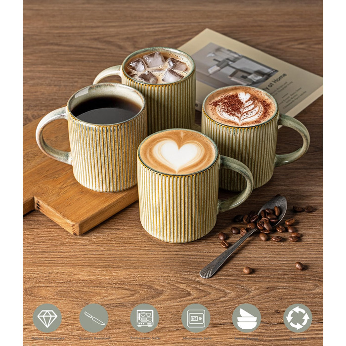 Набір посуду з каменю GBhome на 6 осіб, 18 предметів, ручна робота, реактивна глазур, мікрохвильова та посудомийна безпека, глибокий зелений колір (Desret Salbei), включає чашки (6 шт.)