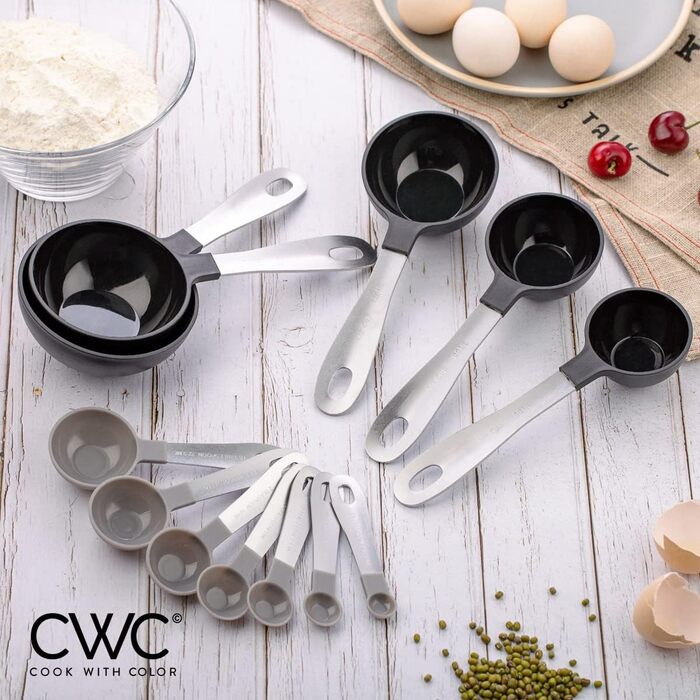 Measuring Cup Set and Measuring Spoon Set, Stainless Steel Handles, Nesting Kitchen Measuring Set, Liquid Measuring Cup Set, 12-Piece, Stainless Steel, Black and White Collection