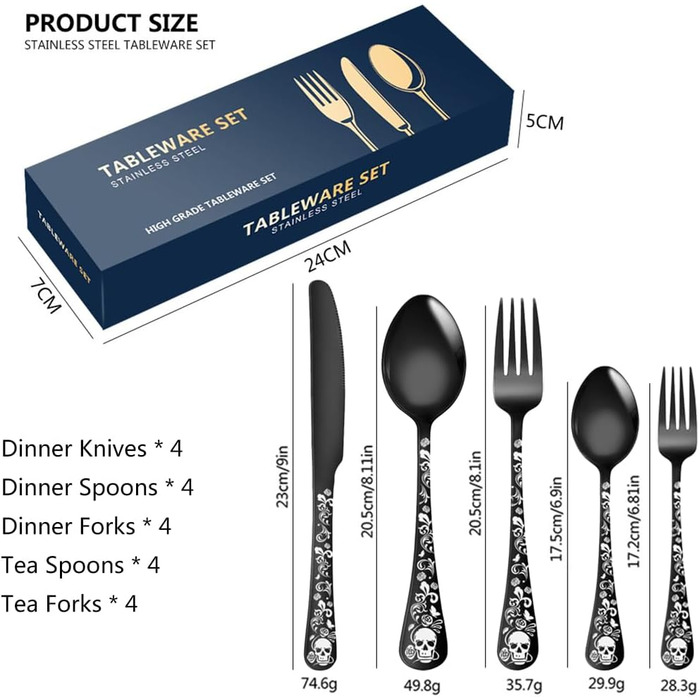 Набір столових приборів Xiaoyu Готичний (20 шт) для 4 осіб: Черепи, квіти, чорний колір - ідеально для Хелловіну