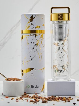 Термопляшка Fitvia 380 мл з подвійними стінками, мармуровий дизайн, сито для чаю, зручна ручка (Золотий мармур)