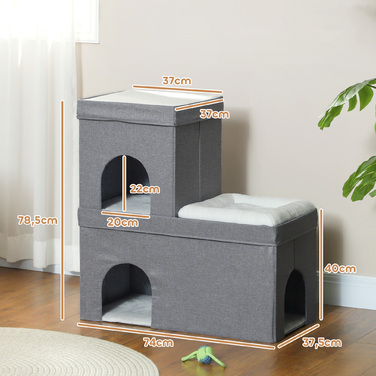 PawHut Будиночок для котів, котяча хатка, будиночок для котів з 3 рівнями, котяче ліжко з подушкою, будиночок для собак для котів до 5 кг, 74 x 37,5 x 78,5 см, Сірий | Aosom