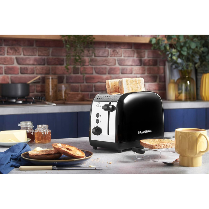 Тостер Russell Hobbs Colours Plus на 2 тости, нержавіюча сталь, чорний, з широкими відділеннями, підставкою для булочок, 6 режимів підсмажування, функцією розморожування, Lift & Look, 1600 Вт (26550-56)