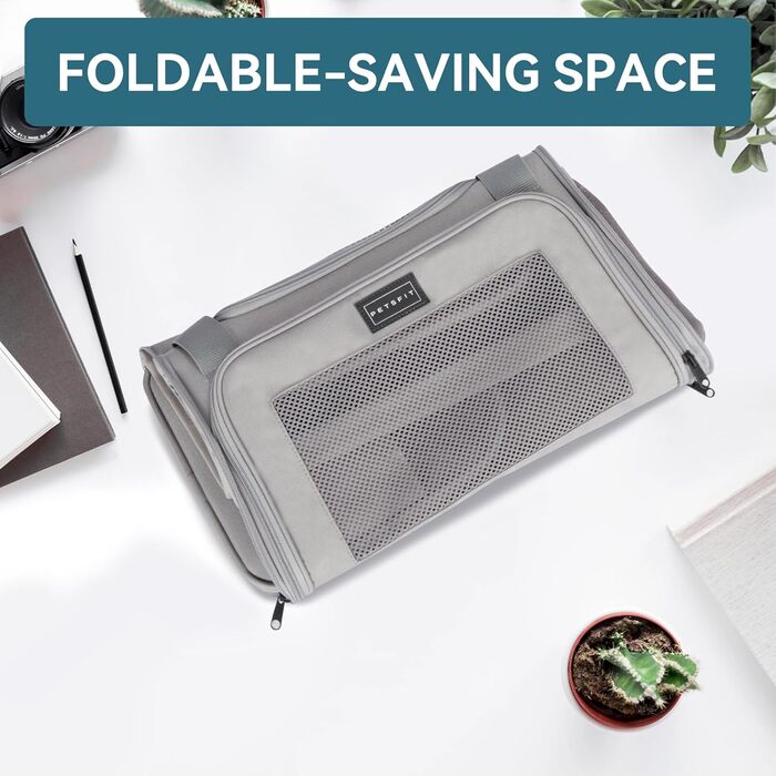 Транспортна переноска для котів та маленьких собак Petfit, сіра, L - легка переноска для подорожей літаком з ремінним кріпленням та розширюваним килимком