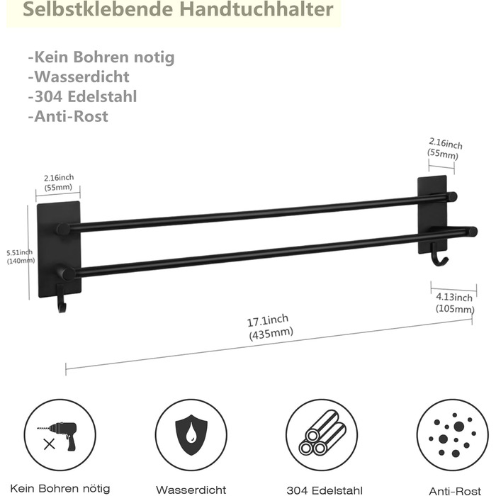 Тримач для рушників Vista без свердління, подвійний, 43.5 см, нержавіюча сталь, рушник-стійка для ванної кімнати, самоклеючий, для ванної кімнати та кухні (чорний)