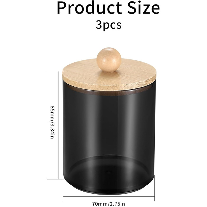 Набір контейнерів для ватних паличок та дисків, 3 шт, чорний, для косметики та ванної кімнати