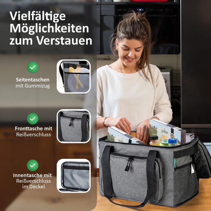 Складана сумка-холодильник 30л, водовідштовхувальна, +12 годин свіжості, міцна ізоляція – сіра сумка-холодильник, сумка для обіду, термосумка для пікніка