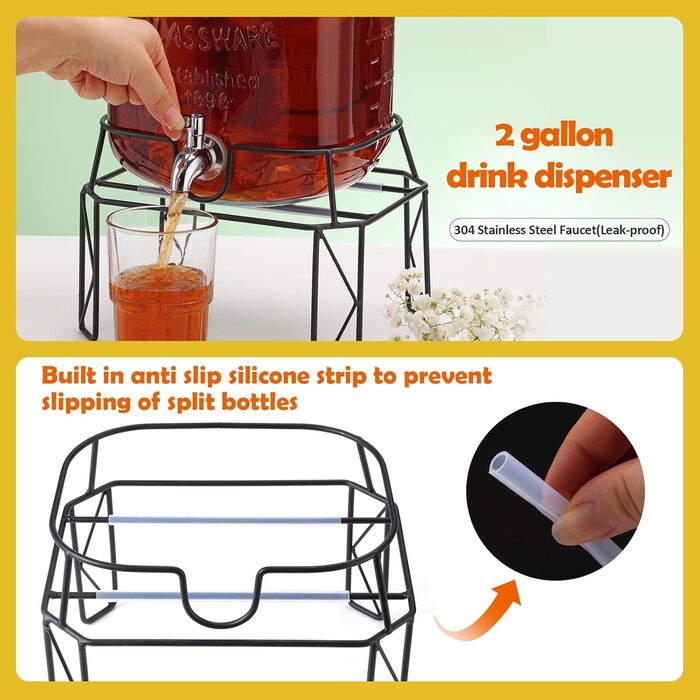 Скляний диспенсер для напоїв 7.6L зі стійкою, з нержавіючою сталею та бамбуковим кришками, для вечірок та свят