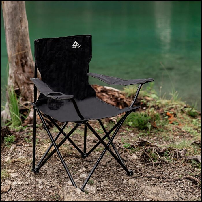 LINUMA® Складний стілець для риболовлі та відпочинку на природі - чорний, з підстаканником та сумкою для перенесення