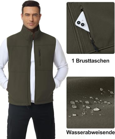 Чоловіча куртка Weste Outdoor з софтшелю, водонепроникна та вітронепроникна, bodywarmer, флісова підкладка, для піших прогулянок, колір: хакі (S)