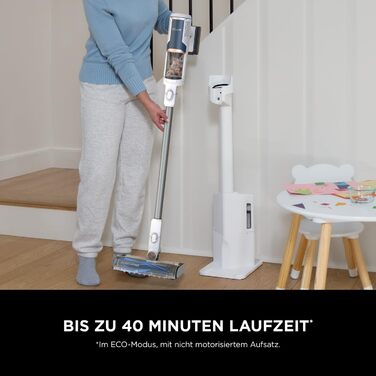 Пылесос Shark Clean & Empty с базой для автоматической выгрузки мусора, до 40 минут работы, беспроводной, самоочищающийся, для шерсти животных, ковров и твердых полов, с LED-подсветкой, тихий, белый/синий, BU3521EU