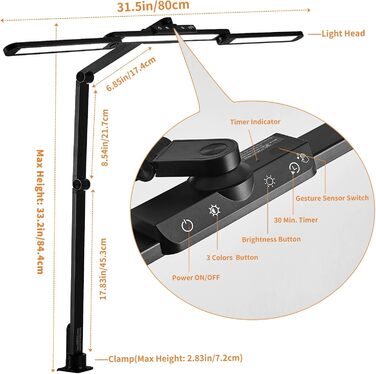LED лампа для столу Litren 80 см з USB, сенсорне управління та таймер, 24W, чорна