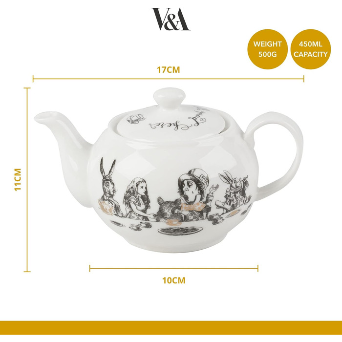 V&A Alice in Wonderland Teapot, pitcher for serving tea, water jug, pot with lid, intricately painted ceramic design, 450 ml, white