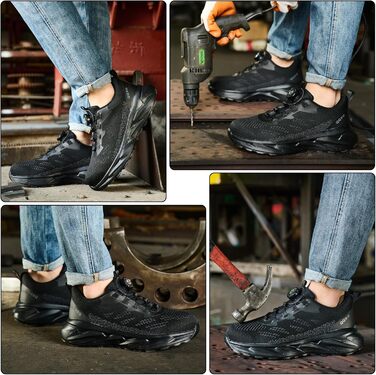 Черевики робочі чоловічі/жіночі, спортивні, дихаючі, анти-удари, зі сталевим підноском, шнурівка, швидка застібка, поворотний замок, 46 EU, чорні