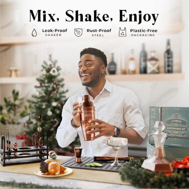 Набір бармена BARE BARREL® з 14 предметів: шейкер, аксесуари для приготування коктейлів, шейкер Cobbler 24oz, 35 рецептів, подарунковий набір