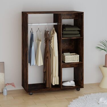 vidaXL Wardrobe with Open Shelf, 3 Side Shelves, Wheels, Coat Rack, Wardrobe, Bedroom, White, 80x40x110cm, Wood-Based Material (Smoked Oak)