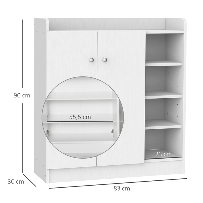HOMCOM Shoe Cabinet Shoe Rack Chest of Drawers with 2 Doors and 4 Compartments for Entryway in White 83x30x90cm, Space-Saving & Modern
