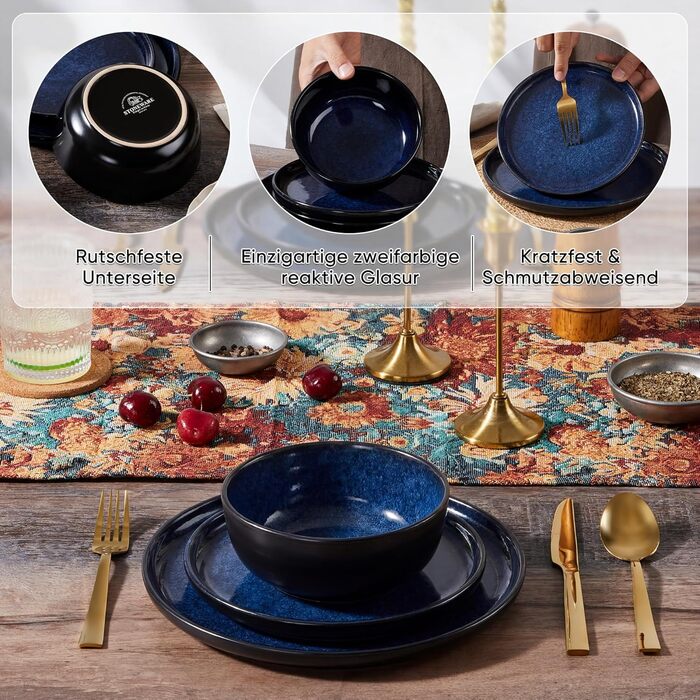 Набір посуду HaWare на 6 осіб, 18 предметів: тарілки з реактивної глазурі, комплект посуду для сервірування столу (Edelblau)