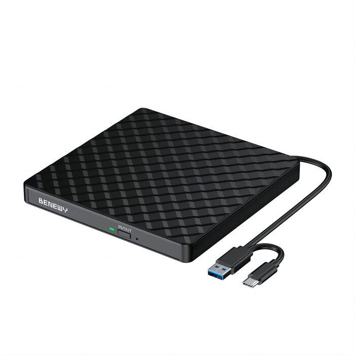 Зовнішній DVD CD привід BENEWY USB 3.0 та Type-C, портативний DVD-плеєр та записувач +/-RW для ноутбука, ПК, MacBook (Windows, Linux, Mac), чорний