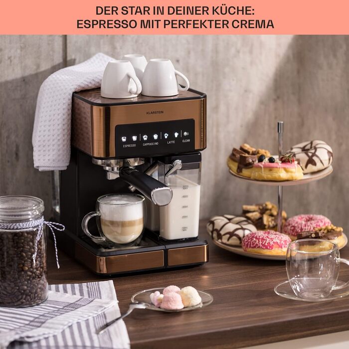 Klarstein Espresso Siebträgermaschine: Компактна кавомашина еспресо з молочною піною, 1,8 л, 20 бар, нержавіюча сталь, 0,5 л резервуар для молока, 1350 Вт, для меленої кави, колір мідний