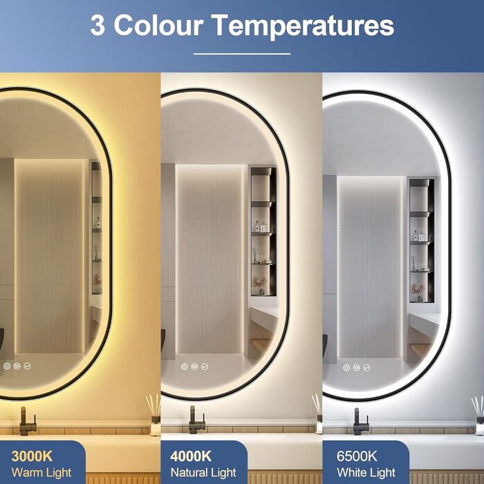 Дзеркало для ванної кімнати LED Starlead Munich 90x60 см з підсвічуванням, Bluetooth, регулюванням яскравості, 3 кольори світла, антизапарник, функція пам'яті, HD скло, IP44, горизонтальне/вертикальне встановлення, без рамки