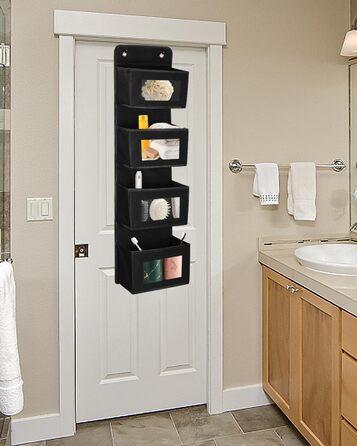 Настінна вішалка-органайзер на двері з 4 великими кишенями та прозорим вікном, 2 металеві гачки, чорний колір, для спальні, офісу, дитячої кімнати