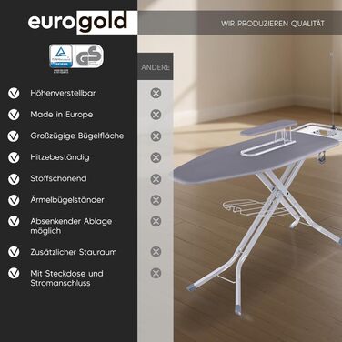 Прасувальна дошка EUROGOLD для парогенератора 130x48 см з розеткою, регульована по висоті, складана, з підкладкою для рукавів та підставкою для праски, бавовняний чохол Oeko-Tex (Сірий)