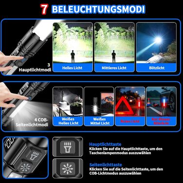 Ліхтар Shadowhawk XHM90.2: Потужний LED ліхтар з LCD дисплеєм, COB бічне світло, 7 режимів, 500000 люмен, тактичний, для кемпінгу та активного відпочинку, чорний