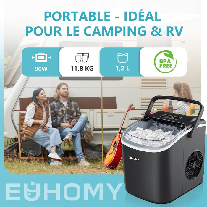 Машина для приготування льоду EUHOMY 12 кг, чорна. Швидке приготування, портативна, самоочищення.