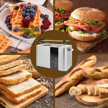 Тостер ProfiCook PC-TA 1250 Inox з сенсорним дисплеєм: 2 слоти, нержавіюча сталь, 850 Вт, 7 рівнів підсмажування, підставка для тостів, висувна кришка для крихт, згортання кабелю