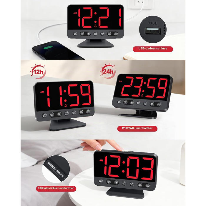 Цифровий будильник LED з RGB-підсвіткою, потужний сигнал 30-110 дБ для міцного сну, USB-порт, функція Snooze, настільний годинник (Червоний)
