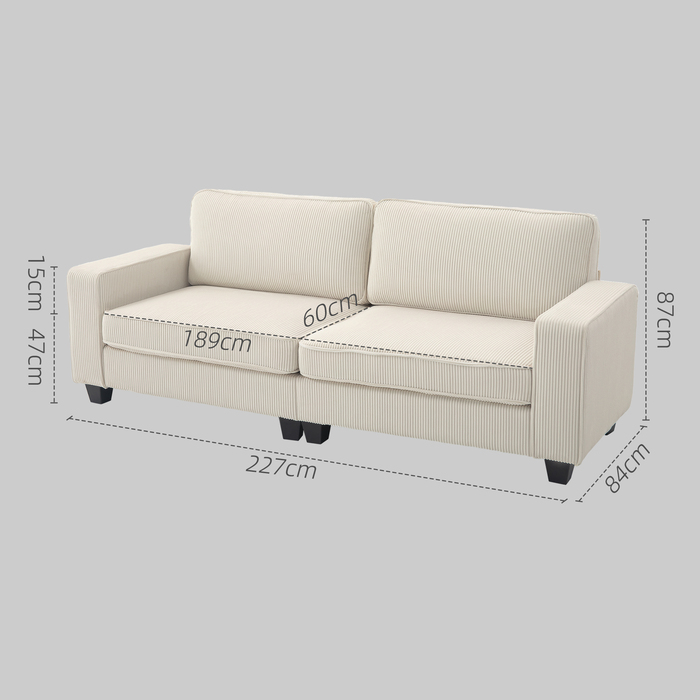 HOMCOM 3-Seater Sofa, Couch with Armrests, Back Cushions, Living Room Sofa with Cord Cover, Spring Core, Upholstered Sofa for Living Room, Bedroom 227 x 84 x 87 cm, Cream White | Aosom