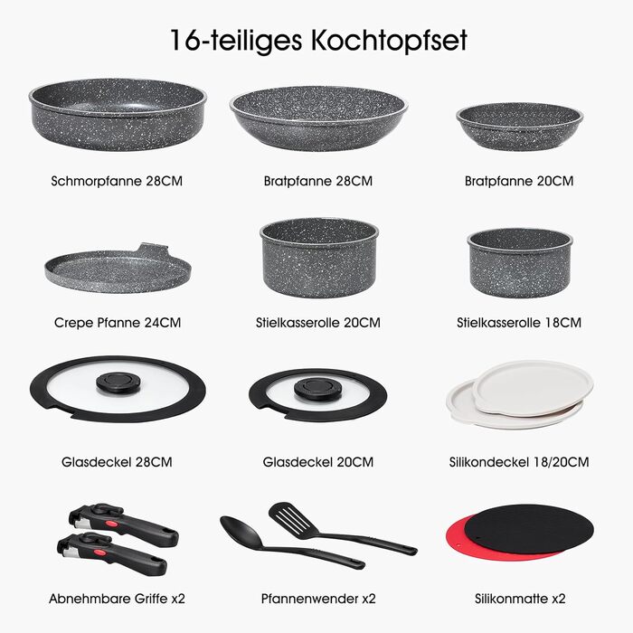 Набір посуду ROSSETTO 16 предметів: каструлі, сковороди з антипригарним покриттям, сталевий посуд для кухні