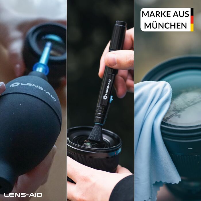 Набір для чищення камери Lens-Aid 3 в 1: повітряний насос, олівець для чищення та 5 мікрофібрових серветок. Підходить для сенсорів, об'єктивів, дисплеїв, фільтрів та оптики. Ідеальний для фотоаксесуарів та техніки.