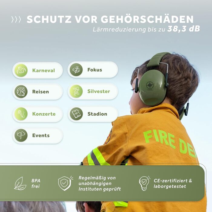 Schallwerk® Kapselgehörschutz Kiddies: Дитячі навушники-захисники від шуму | Навушники для дітей, преміум-якість, захист від шуму, ідеальні для повсякденного використання та заходів (Оливковий зелений)