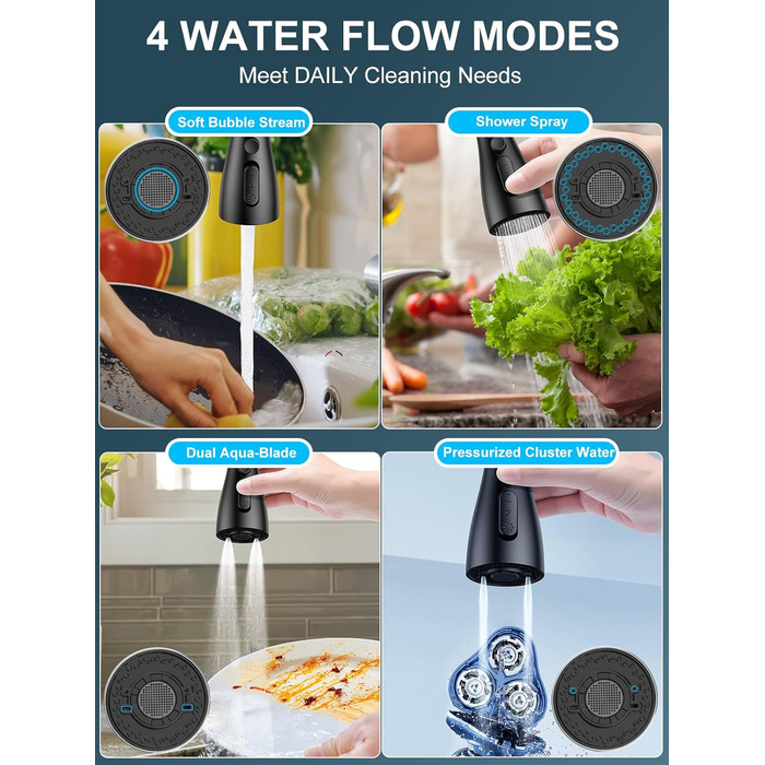 Змішувач кухонний висувний з нержавіючої сталі з 360° обертанням та 4 режимами, для кухонних мийок, з ABS-розпилювачем, підходить лише для ЄС (G3/8)