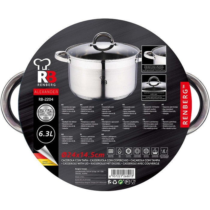 Каструля RENBERG Alexander з нержавіючої сталі, 24 x 14,5 см, 6,3 л, з кришкою, 5-шарове дно, для всіх типів плит