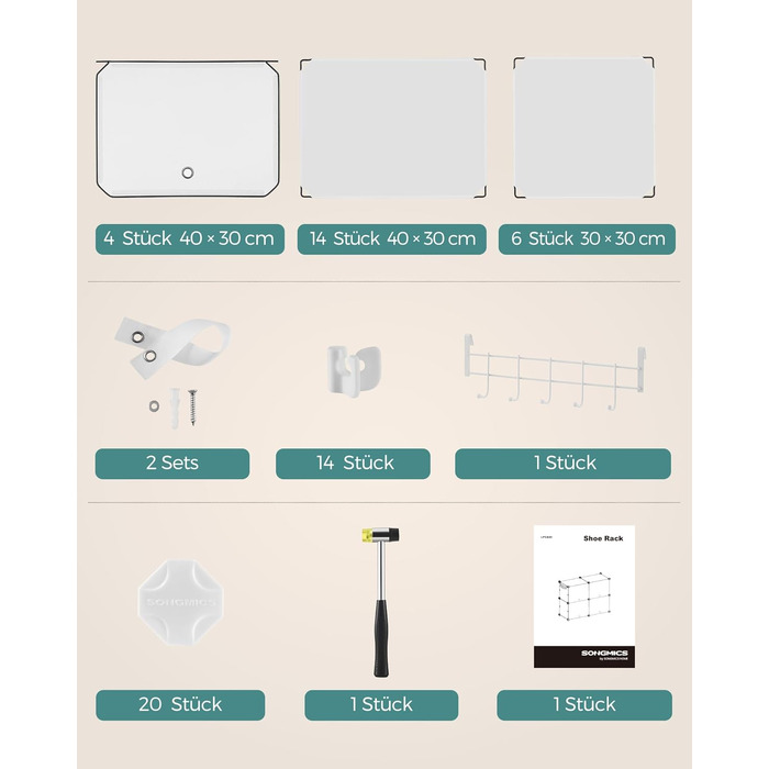 SONGMICS 10-Tier Shoe Rack, Shoe Cabinet, 30 x 40 x 30 cm per compartment, slim, with doors, steel frame, plastic, for hallway, bedroom, entryway, LPC035B01 (4 compartments (83B x 63H cm), White)