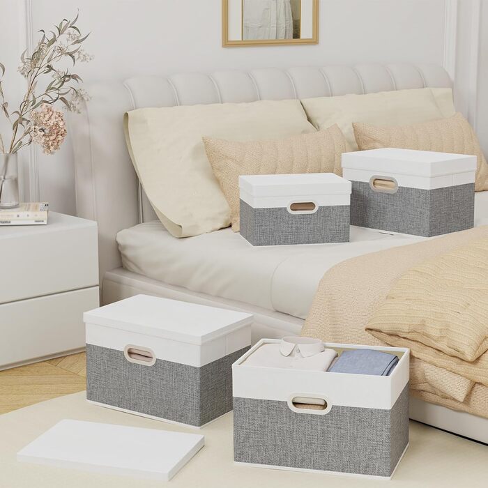 Yawinhe 3-Piece Storage Boxes with Lids, Foldable Fabric Box with Handles, Storage Boxes, for Bedroom, Clothes Storage, 32x23x20cm, SNK023G-3 (32x23x20cm/3-Pack, White/Gray)