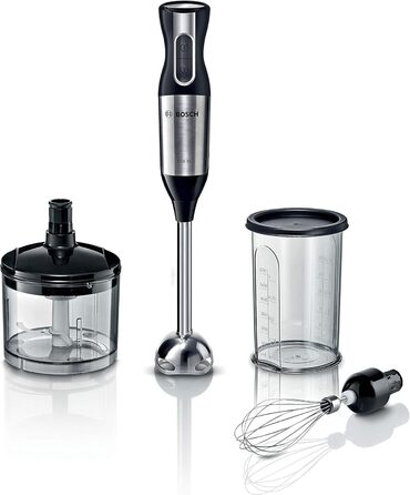 Блендер занурювальний Bosch ErgoMixx Style MS6CM4150, 800 Вт, 12 швидкостей, нержавіюча сталь, 4-лезове лезо, віночок, мірний стакан, подрібнювач 500 мл