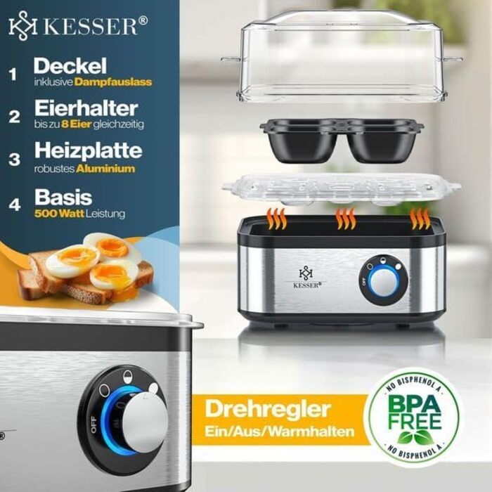 Електричний яйцеварка KESSER® на 1-8 яєць з нержавіючої сталі, 500W, функція підігріву, LED-регулятор, 3 ступені нагріву, BPA-Free, придатний для миття в посудомийній машині, мірна склянка, утримувачі для яєць та форма для омлету, срібно-чорний/срібний