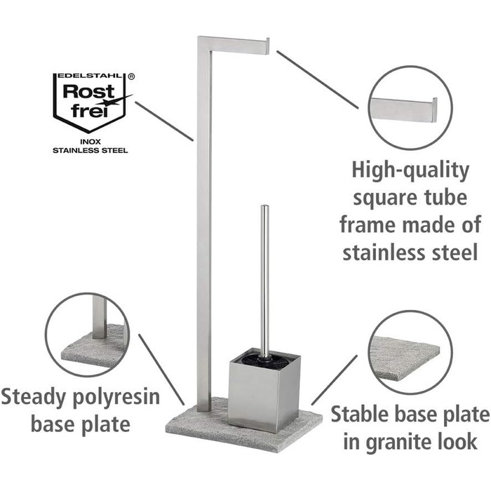 Набір для туалету WENKO Granit: тримач для щітки, нержавіюча сталь, сірий, 23 x 73.5 x 19.5 см