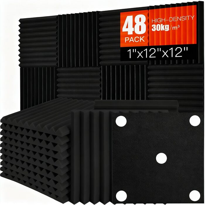 Акустичні панелі самоклейні для звукоізоляції, шумопоглинаючі пірамідні плити зі спіненого поліуретану для студії та офісу, чорні, 30x30x2.5 см (48 шт)