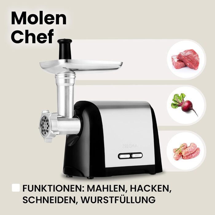 ZEEGMA Electric Meat Grinder - 1900W, Stainless Steel Plates, 3kg/min, Sausage Maker, Kubbe Maker, Chopping, Dicing, REV Function, Accessory Set - Silver