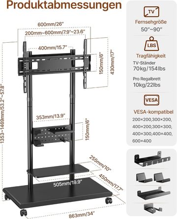 Підставка для телевізора на колесах, 50-90 дюймів, до 70 кг, регульована висота та нахил, з полицями, VESA 600x400 мм