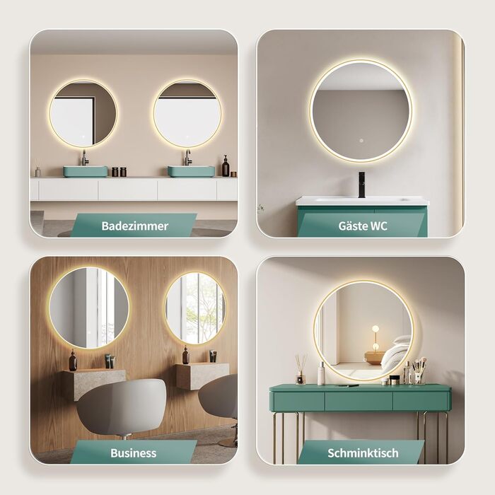 Дзеркало для ванної кімнати HOKO ULM 60 см з підсвічуванням LED, нагрівом проти запотівання та сенсорним вимикачем. Колір: золото. Розміри: 80x80 см