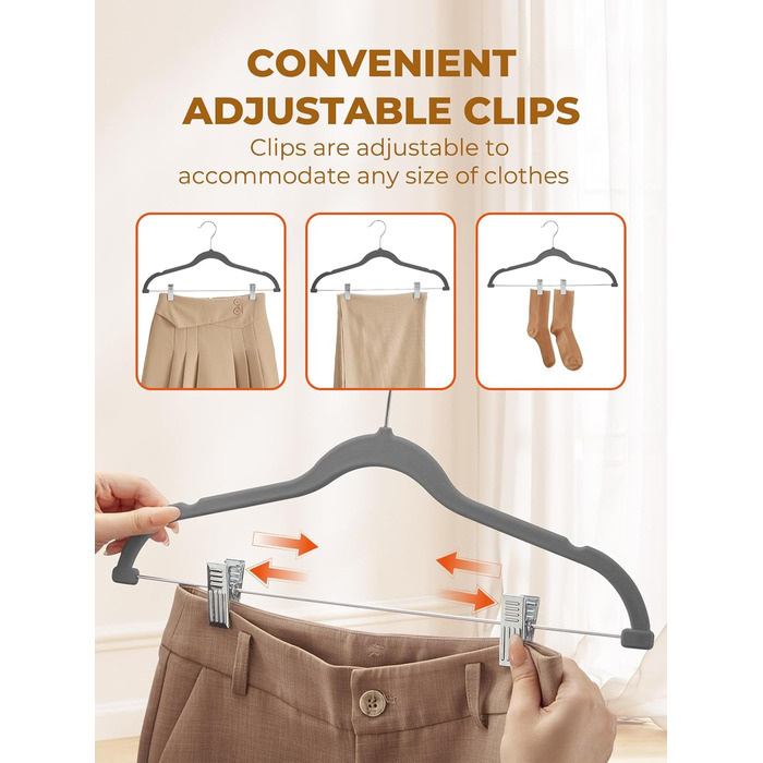 Вешалки для одягу з велюру HOUSE DAY, 24 шт. з кліпсами, ультратонкі, неслизькі, економія місця (сірі)