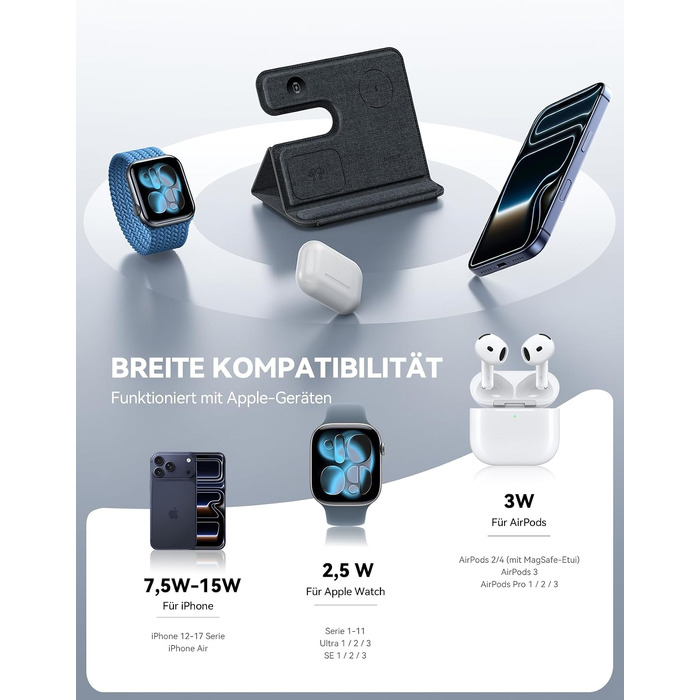 Зарядна станція 3 в 1 Lamicall для iPhone та Apple Watch, сумісна з MagSafe, сіра